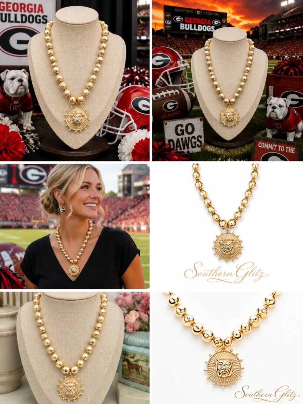 Gold Bulldog Medallion Necklace – Georgia Game Day Beaded Statement Necklace